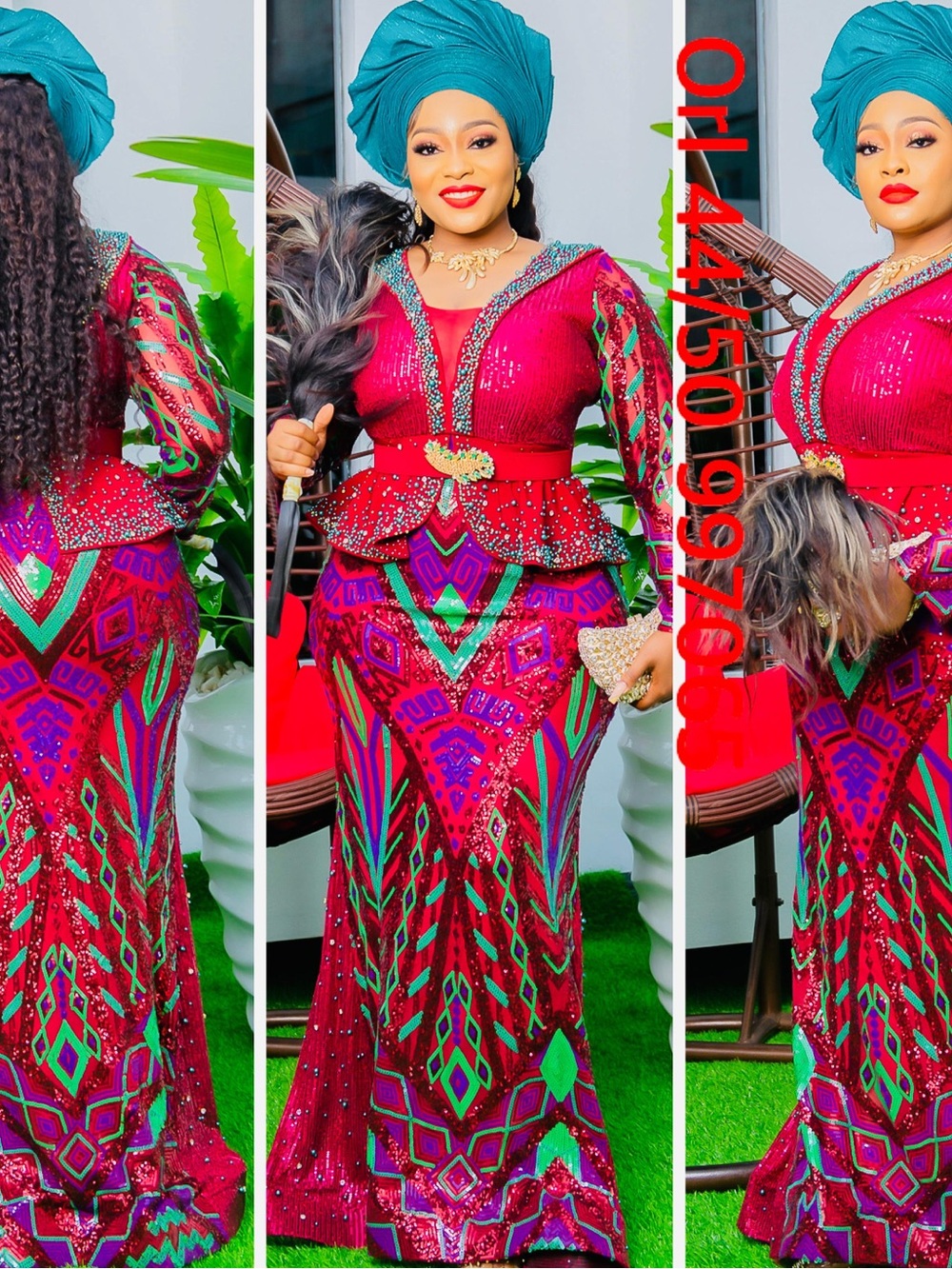 Red Sequin & Patterned Peplum Maxi Skirt Set - Women